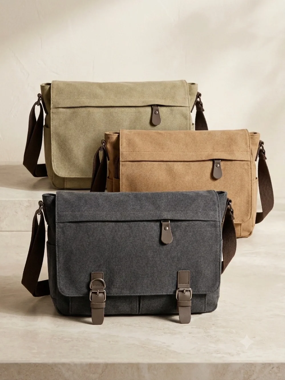 Olive Green Canvas Messenger Bag with Brown Trim